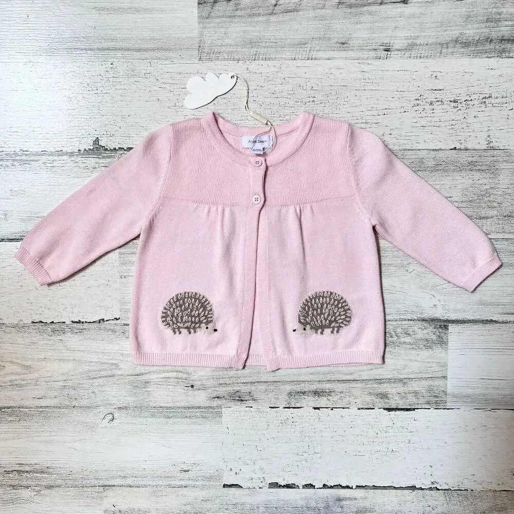 Angel Dear Cardigan Baby Girls 6-12M Pink Cotton Hedgehog Embroidered Sweater